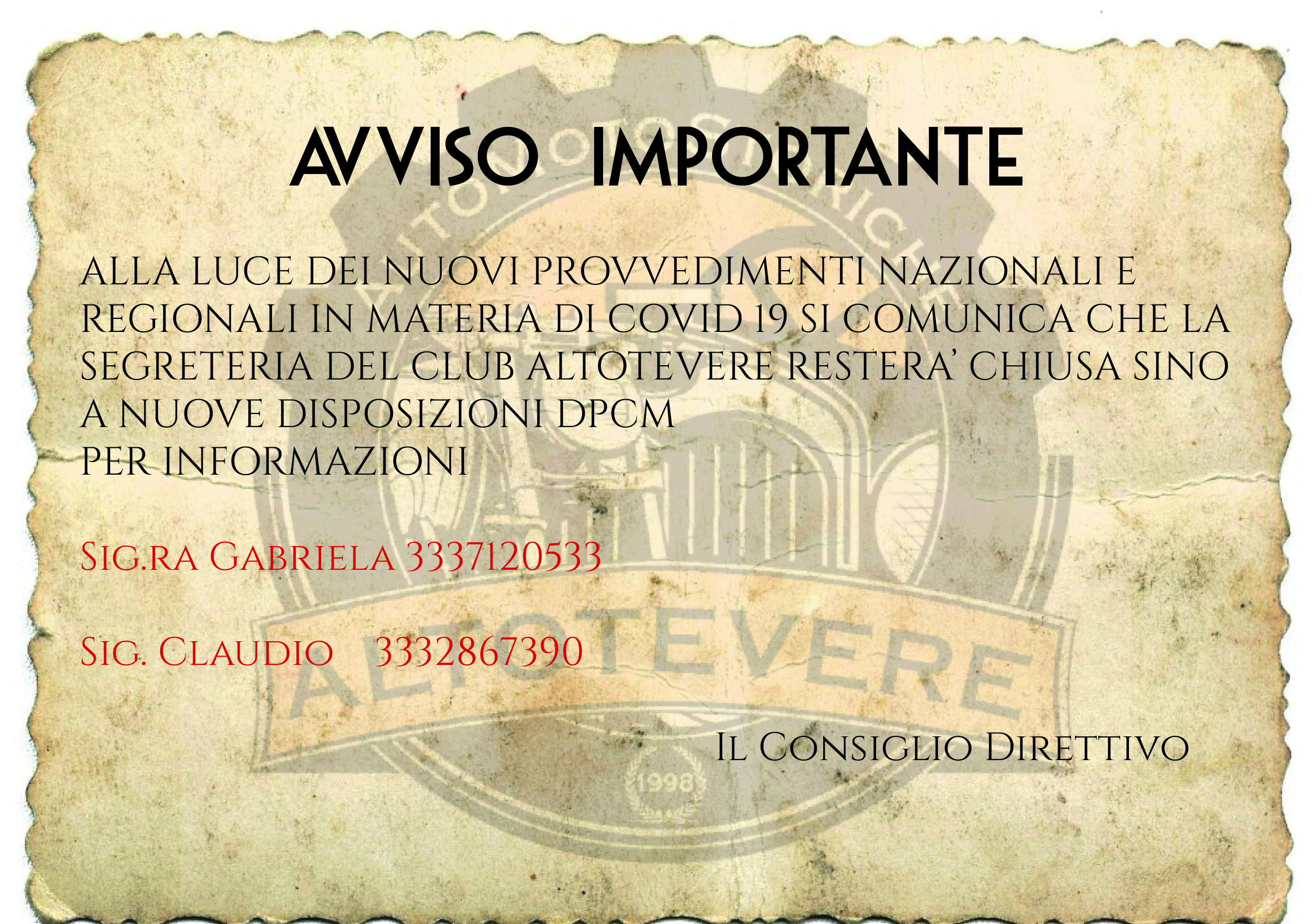 Avviso Importante Segreteria CLUB